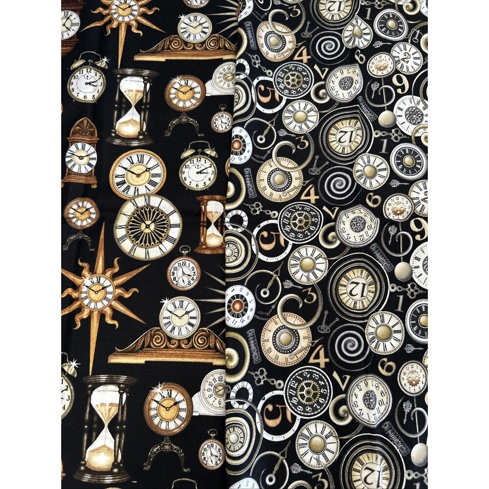 2 Cotton Clock Print Quilting Treasures Fabrics MCM Cogs Chimes Dan Morris